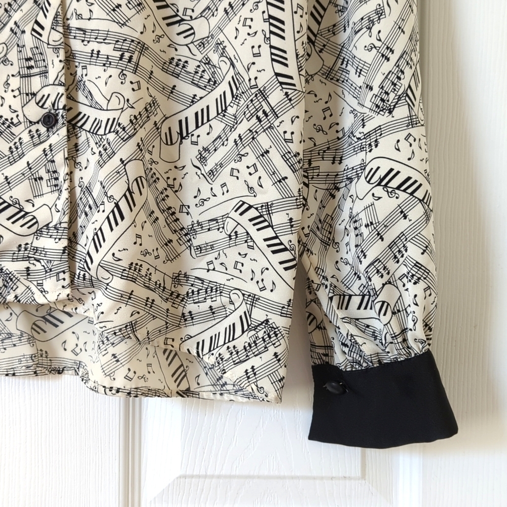Pendleton 90's Vintage Silky Sheet Music Print Button Down Blouse Cream Black 4 - Picture 8 of 11